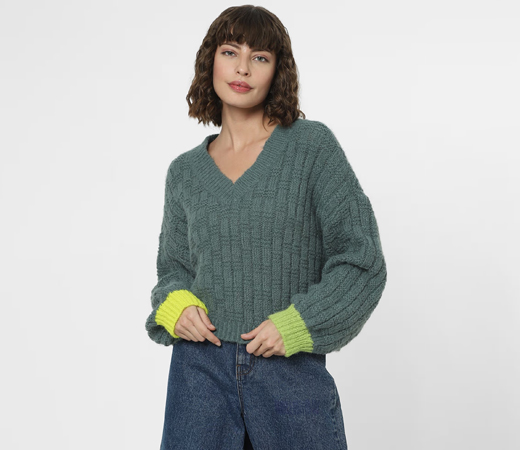 VERO MODA Green Ribbed Textured Pullover