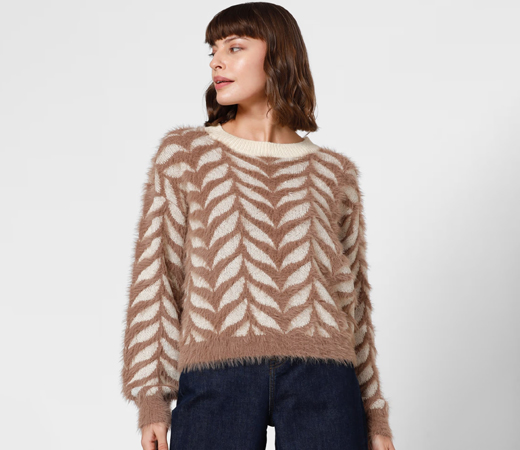 VERO MODA Brown Jacquard Fuzzy Pullover