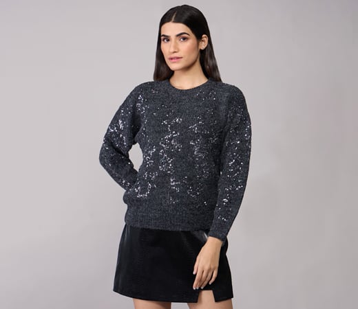 RSVP by Nykaa Fashion Dark Grey Round Neck Full Sleeves Sweater