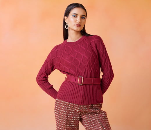 RSVP by Nykaa Fashion Dark Pink Textured Crew Neck Sweater