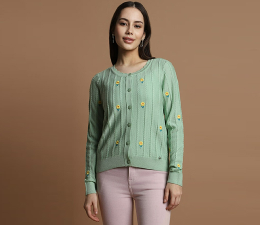 Allen Solly Green Print Round Neck Casual Sweater