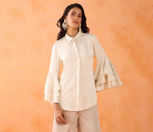 Gajra Gang White Ruffle Sleeves Collar embellished Shirt