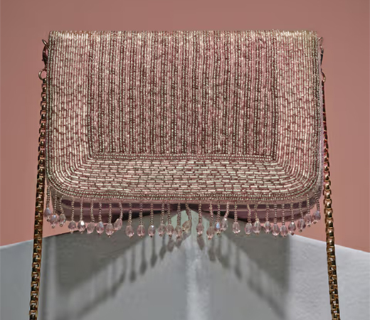 Gajra Gang Rose Gold Hand Embroidered Beads and Fringe Clutch