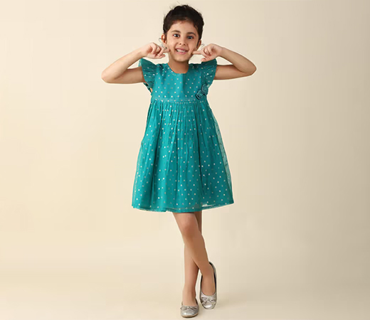 Fabindia Teal Cotton Silk Blend Cutwork Dress
