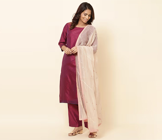 Fabindia Beige Natural Cotton Silk Hand Embroidered Dupatta