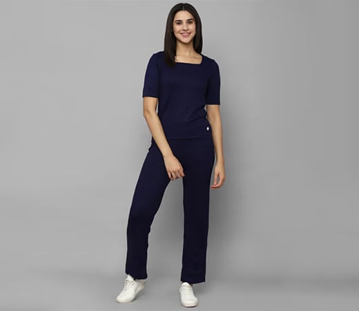 Allen Solly Women Navy Ribbed Casual T-shirt And Track Pants