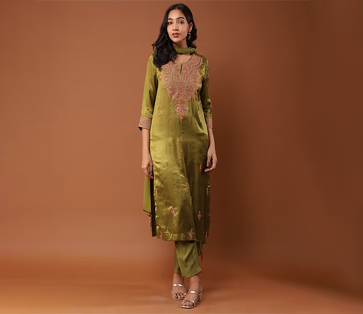 Aarke Ritu Kumar Olive Green Embroidered Kurta with Pants and Dupatta