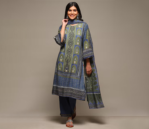 BIBA Women’s Blue Printed Rayon Straight Suit
