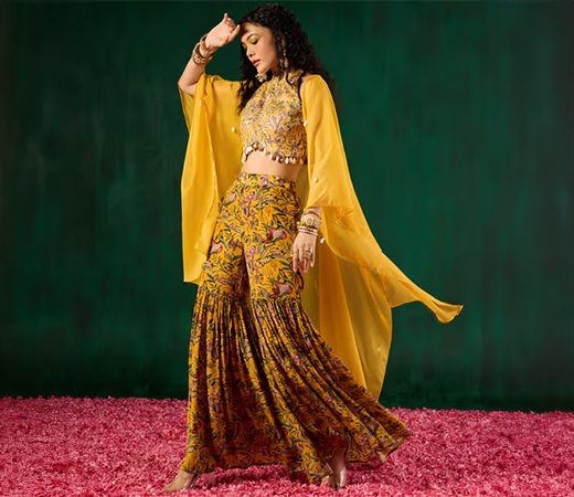 Gajra Gang Rishi Vibhuti Yellow Printed Top, Sharara & Jacket Co-ord Set