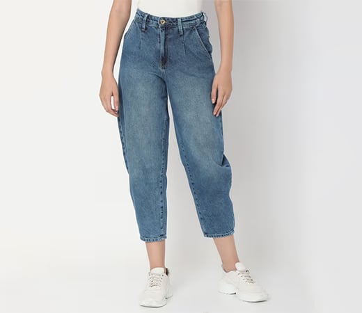 Mid Blue Cotton Baggy Fit Crop Length Jeans by Spykar