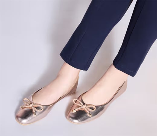 Gold Round Toe Embellished Bow Ballet Flats by Twenty Dresses by Nykaa Fashion