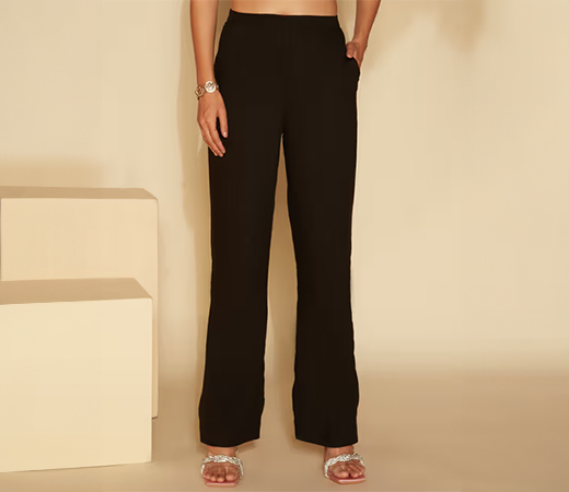 Black Solid High Waist Straight Fit Pants by Twenty Dresses