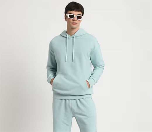  Men Solid Blue Hoodie by The Bear House
