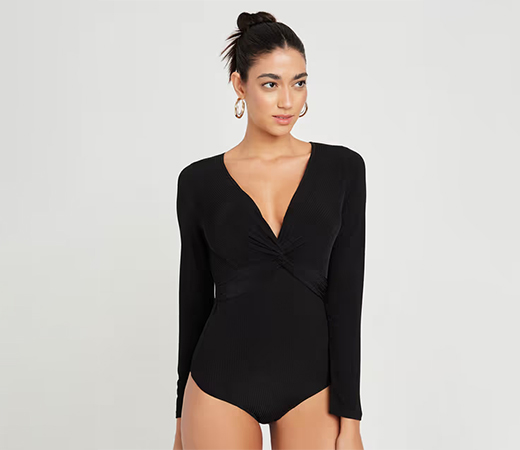 Styli Black Long Sleeves V Neck Knot Detail Ribbed Fitted Bodysuit