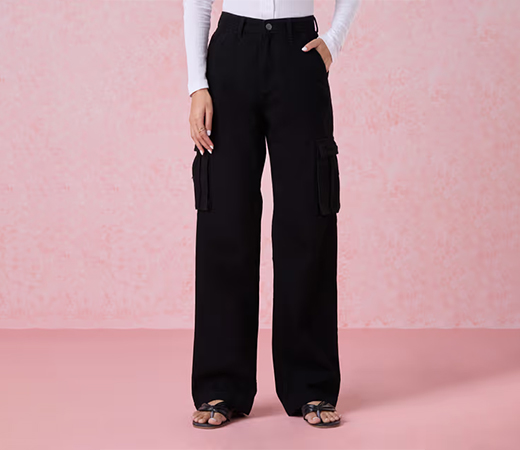 Twenty Dresses by Nykaa Fashion Black High Waist Baggy Cargo