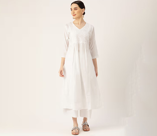 HOUSE OF KARI Hok Chikankari Stylish Long Kurta White