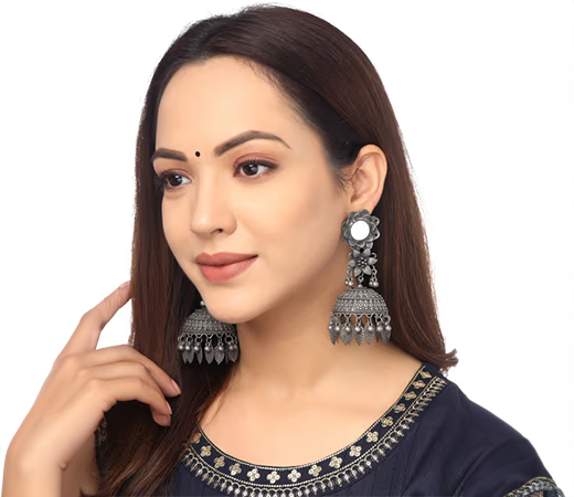 Yellow Chimes Oxidised Mirror Work Jhumkas