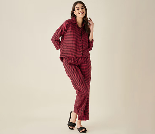 The Kaftan Company Red Herringbone Cotton Pyjama Set