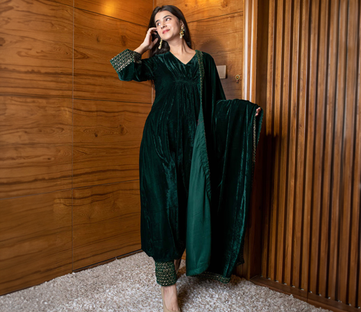 Label Shaurya Sanadhya Bottle Green Velvet A-Line Kurta