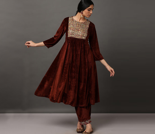 NUHH Brown Velvet Embroidery Kurta Set