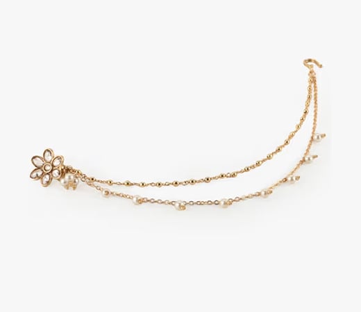 24 Ct Gold Plated Flower with White Pearls Chained Nose Ring