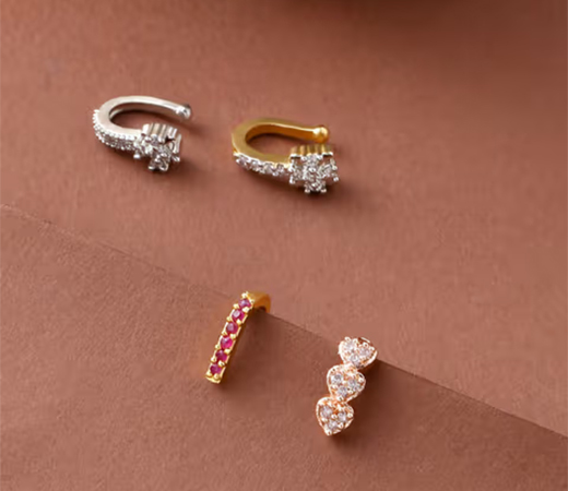 Set of 4 Gold-Plated Silver-Plated AD Studded Clip-On Nose Pins