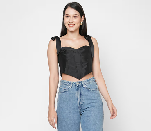 MISH Black Bustier Shoulder Tie-Up Corset Crop Top