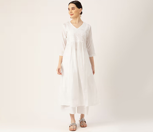 HOUSE OF KARI Hok Chikankari Stylish Long Kurta White
