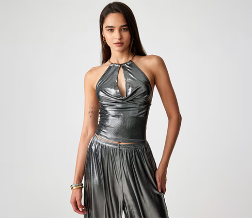 Metallic Halter Ruched Cut Out Top by Cider