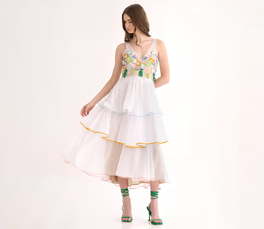 Midi Dress With 3d Embroidered Bodice by Our Love