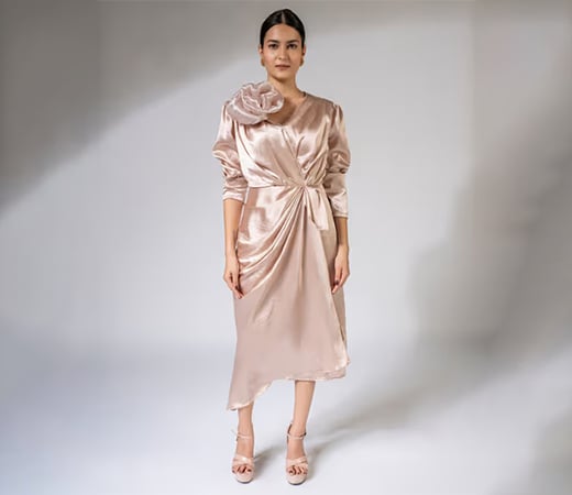 Champagne Asymmetrical Midi Dress with Detachable 3D Flower by Weaving Cult