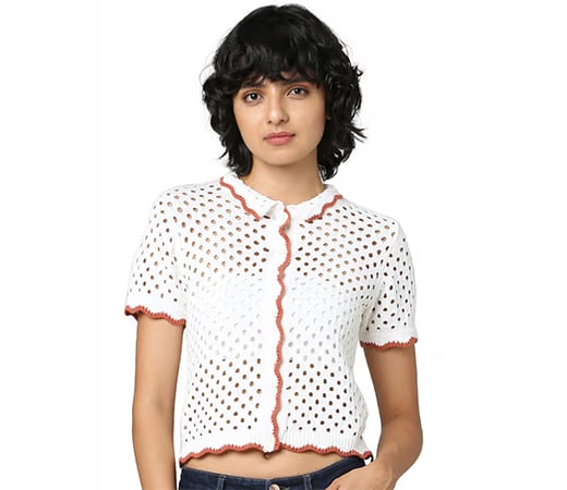 White Pointelle-Knit Polo Shirt by ONLY