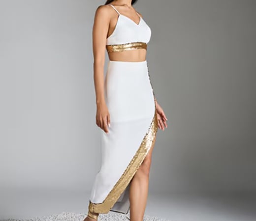 White And Gold Sequin Sweetheart Neck High Slit Co Ord (Set of 2)