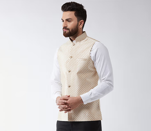 SOJANYA Silk Blend Beige & Gold Self Design Waist Coat