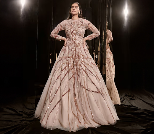 Masumi Mewawalla Nude Embroidered Gown