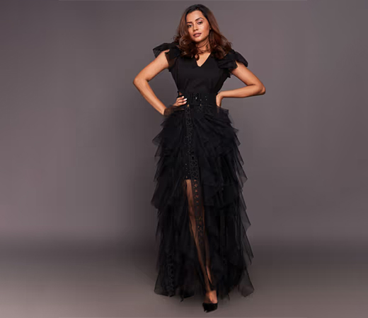 Deepika Arora Black V Neck Ruffled Maxi Dress