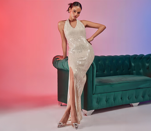 RSVP by Nykaa Fashion Off White Sequin Halter Neck Party Gown