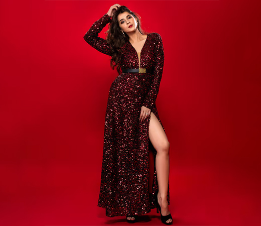 Label Shaurya Sanadhya Maroon Sequin Long Gown with Slit