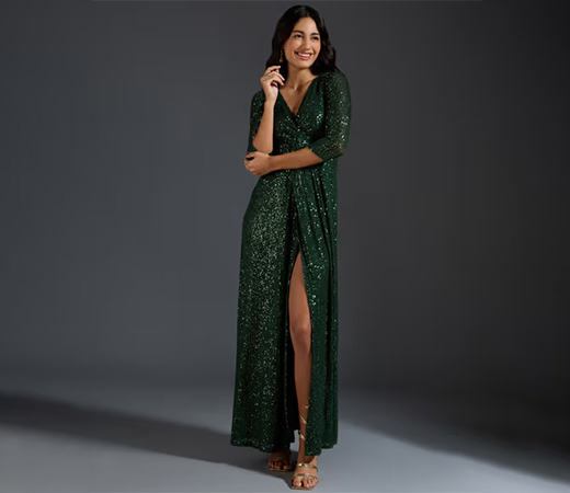 Twenty Dresses by Nykaa Fashion Green Sequined V Neck Sheath Maxi Dress