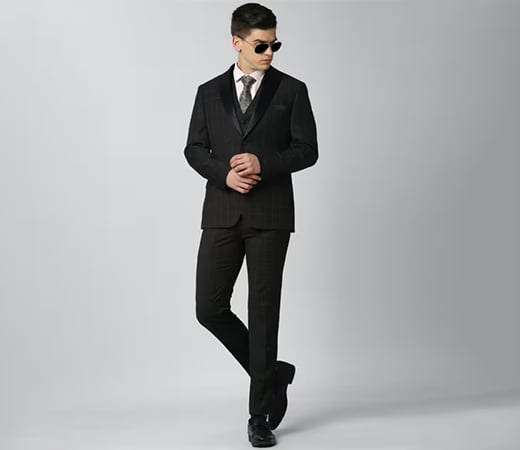 Peter England Black Check Slim Fit Wedding Three Piece Suit 