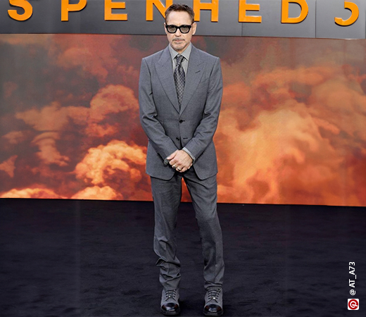 Robert Downey Junior wearing a grey comfort fit suit 
