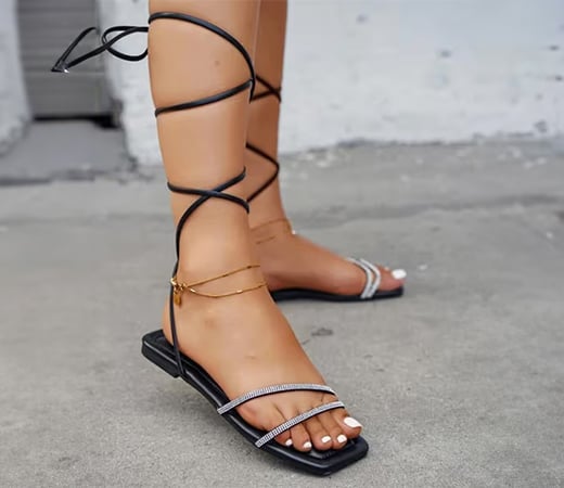 Shoetopia Rhinestone Decor Tie Leg Design Black Flats