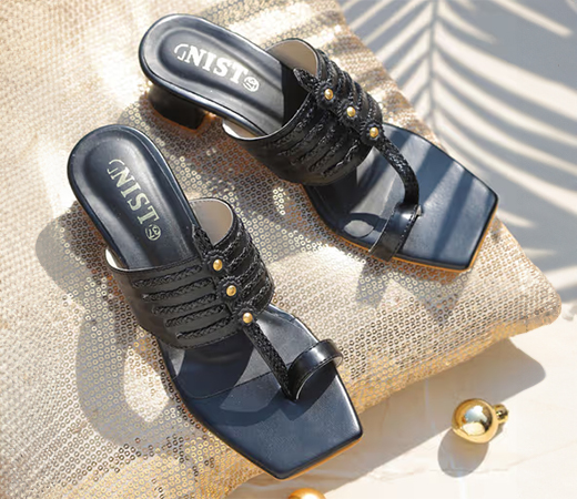 GNIST Black Kolhapuri Ethnic Block Heel