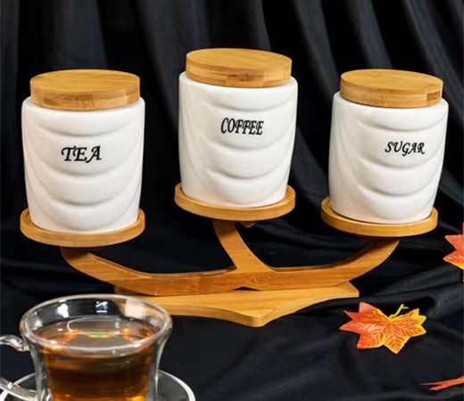 EZ Life Tea Coffee Sugar 3 Canisters with Wooden Stand Tray