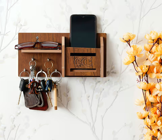eCraftIndia Multiutility 5 Hooks Wooden Key Holder With Shelf