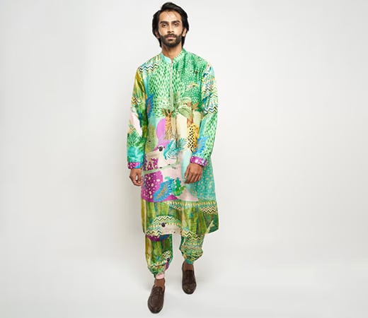 Man wearing printed kurta and joggers