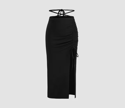 Solid Ruched Waist Tie Split Long Skirt by Cider
