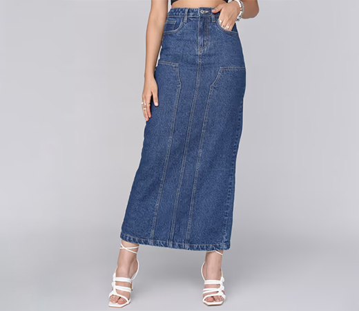 Blue High Waist Straight Fit Solid Column Denim Maxi Skirt by MIXT by Nykaa Fashion