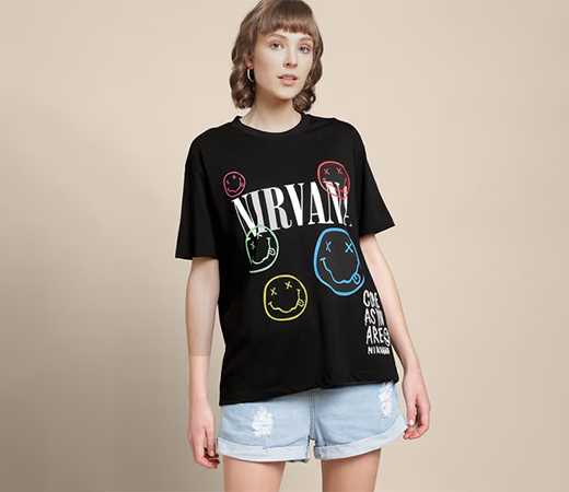 Women's Nirvana Printed Half Sleeve Black T-shirt by Free Authority