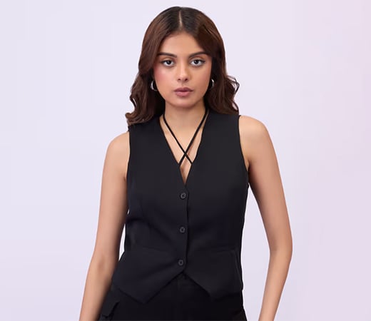 Black Solid V Neck Halter Strap Crop Waistcoat by MIXT by Nykaa Fashion
